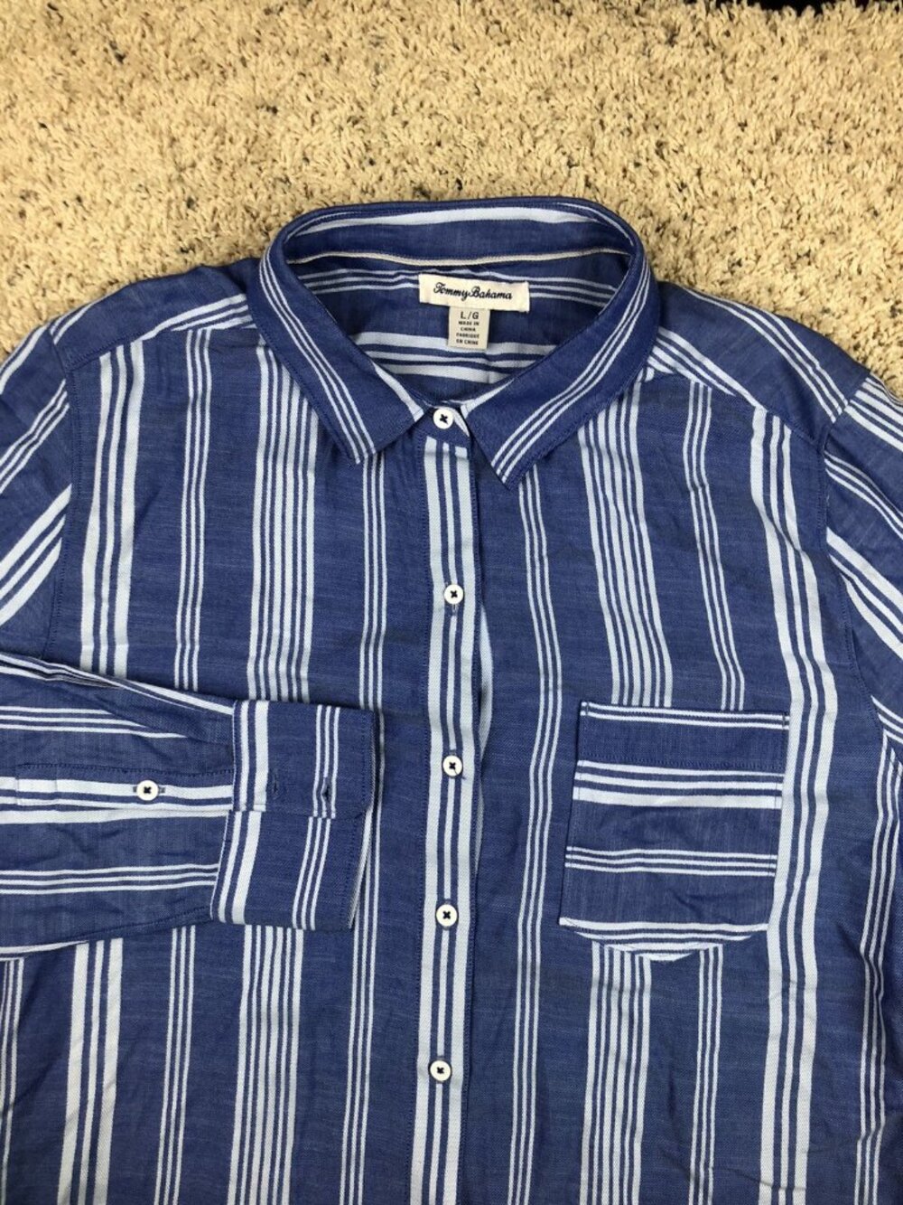 Tommy Bahama Striped Blue White Womens Large Button Up Long Sleeve Beach Casual